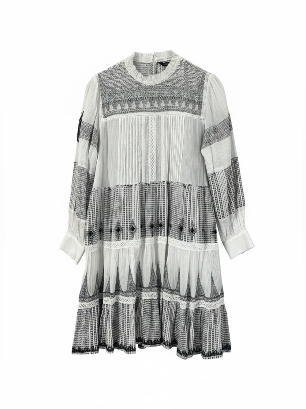 Zara White and Black Patterned Long-Sleeve Tiered Dress